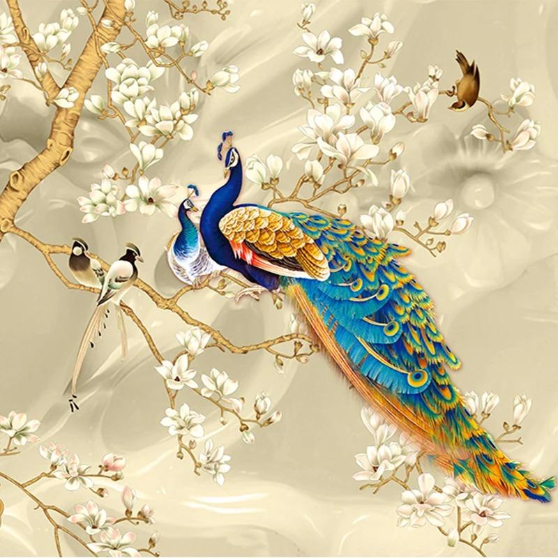 3d стерео цветы магнолии обои павлин настенная роспись гостиная телевизор диван фон обои для стен 3d