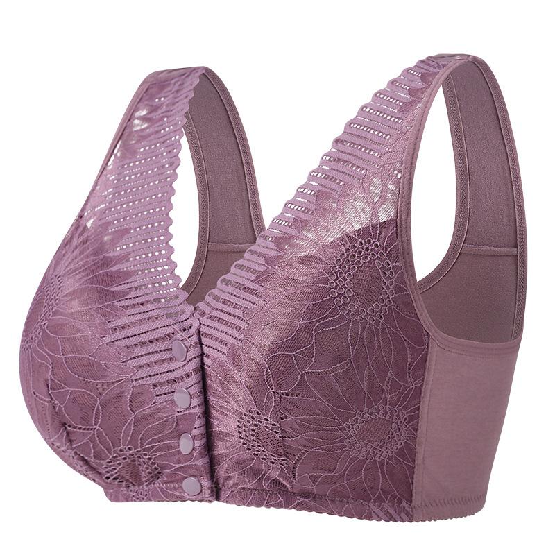 Middle Aged and Elderly Large-sized Lace Front Buckle Underwear for Women's Cotton Insertable Vest Without Steel Ring Bra
