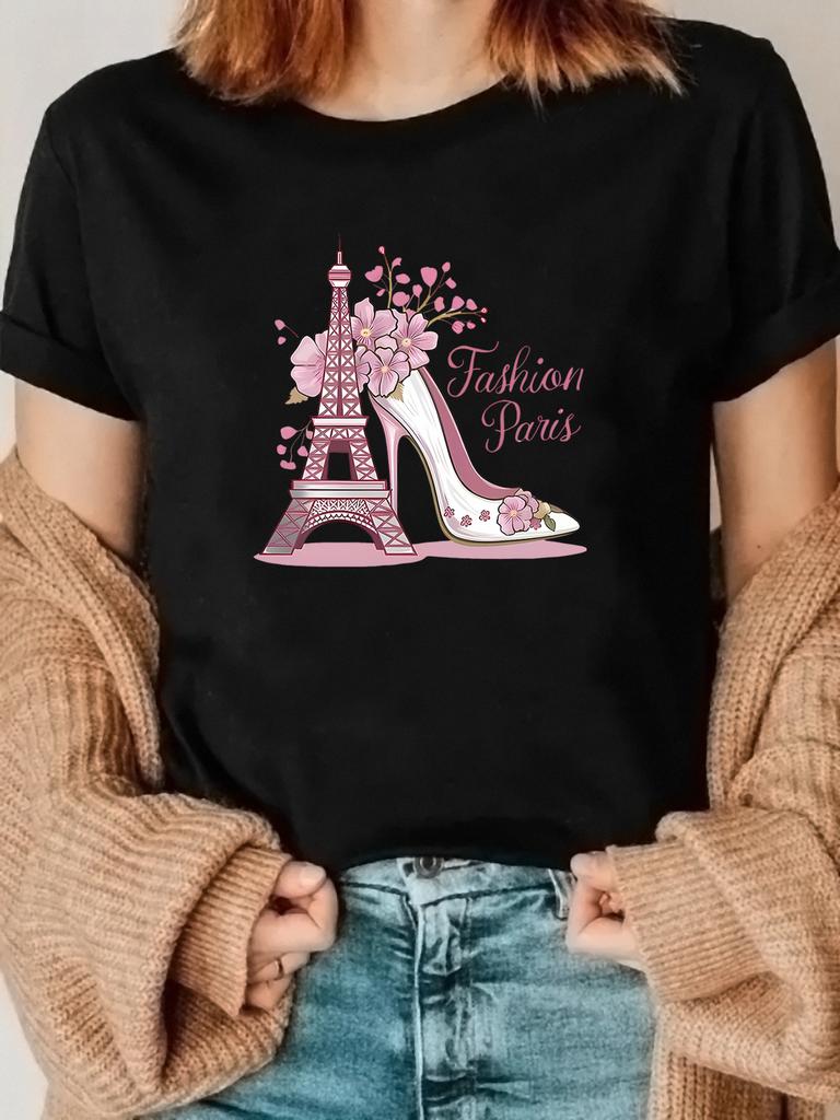 WoUnisex Fashion Paris Eiffel Tower High Heel Graphic Short Sleeve Crew Neck Summer Short Sleeved Harajuku Streetwear