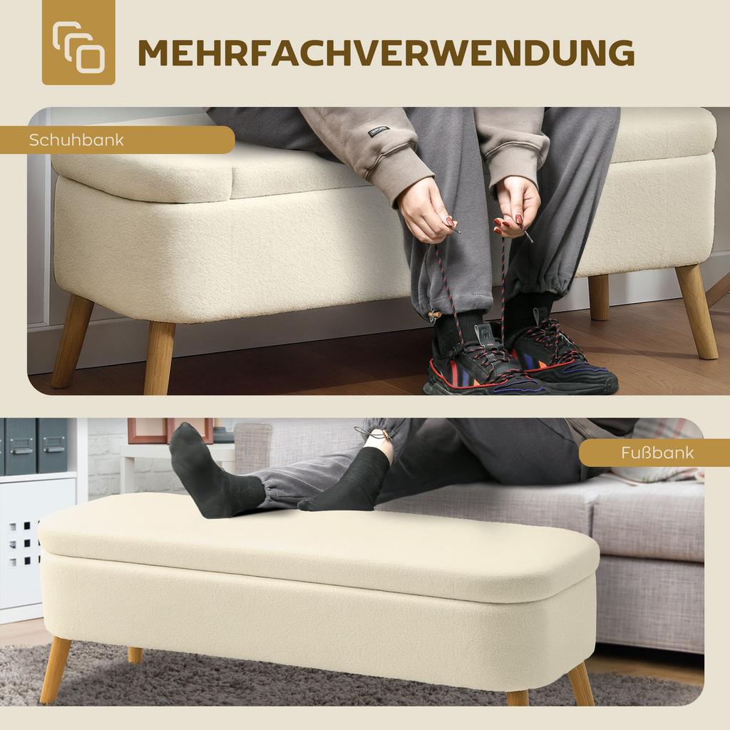Storage Bench, Seating Bench with 65 L Storage Space, Teddy Fleece Fabric, Rubberwood, 120 x 42 x 45 cm, Beige