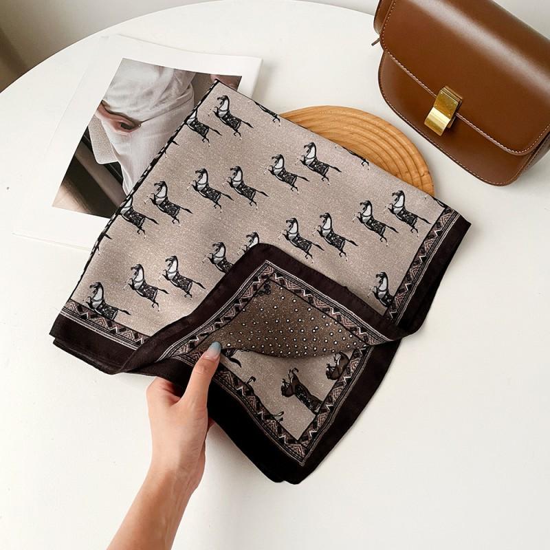 Herringbone Cashmere Blend Square Scarf Women Lightweight Vintage Print Neck Wrap 65x65cm Elegant Accessory