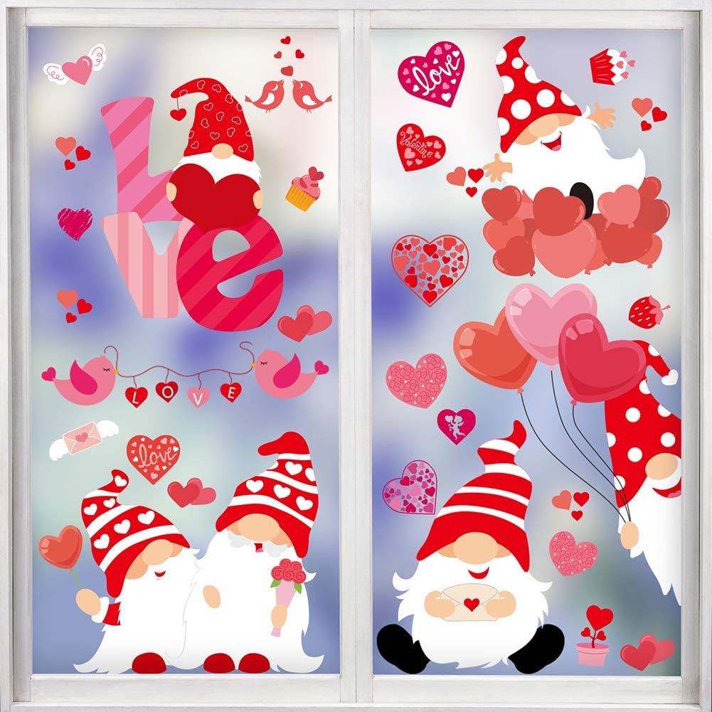 CCINEE Valentine's Day Window Cling,6 Sheet Heart Gnome Elf Window Sticker Decals for St. Valentine's Day Wedding Party Home Window Decoration Supply
