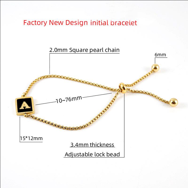 Браслет 18K Черный Квадратный Регулируемый - Женский Европейский и Американский Стиль, Титановая Сталь с Английским Алфавитом.