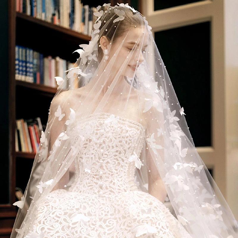 1шт длинный шлейф тяжелый жемчуг невеста роскошный свадебный головной убор свадебная фата 3D вышивка бабочка фата очень длинная