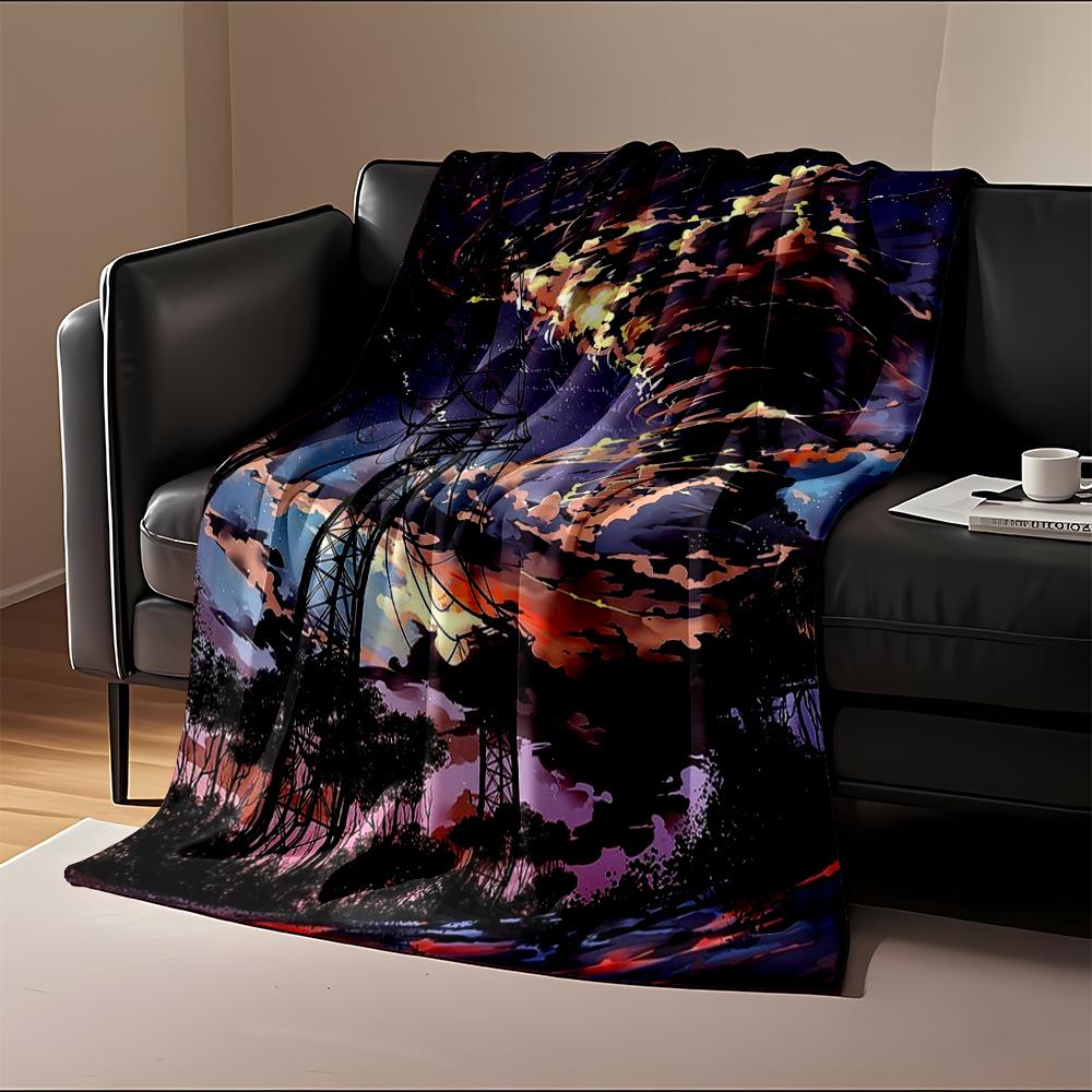 Stormy Sky Illustration with Power Lines Flannel blanket for bedroom, living room, sofa, and nap sofas