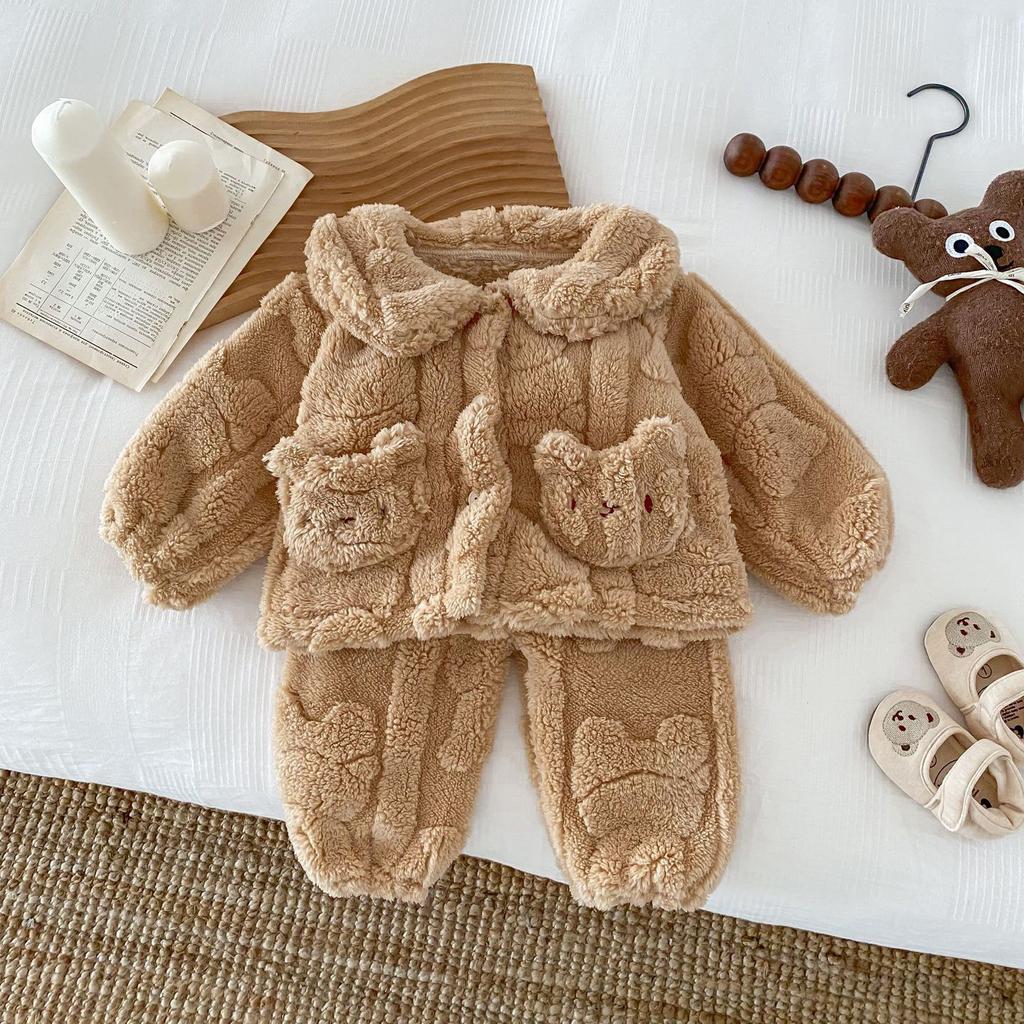 Детские пижамы, осенне-зимний комплект из утолщенного флиса, детский комплект с лацканами Xiao Xiong Shu, хлопковый флисовый комплект детской домашней одежды