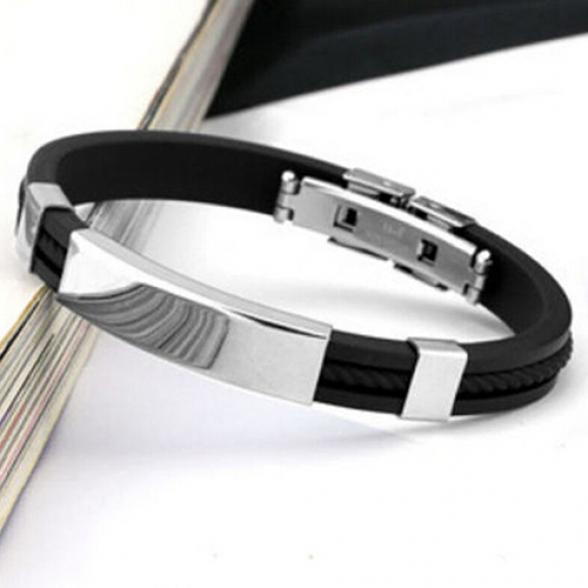 Twinkle Trinket Men's Women's Cool Stainless Steel Rubber Wristband Bangle Clasp Cuff Bracelet