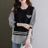 Весенний новый стиль слегка толстого Mm Design и поддельный двухсекционный полосатый свитер, который сделает вас стройнее, топ с круглым вырезом и длинными рукавами