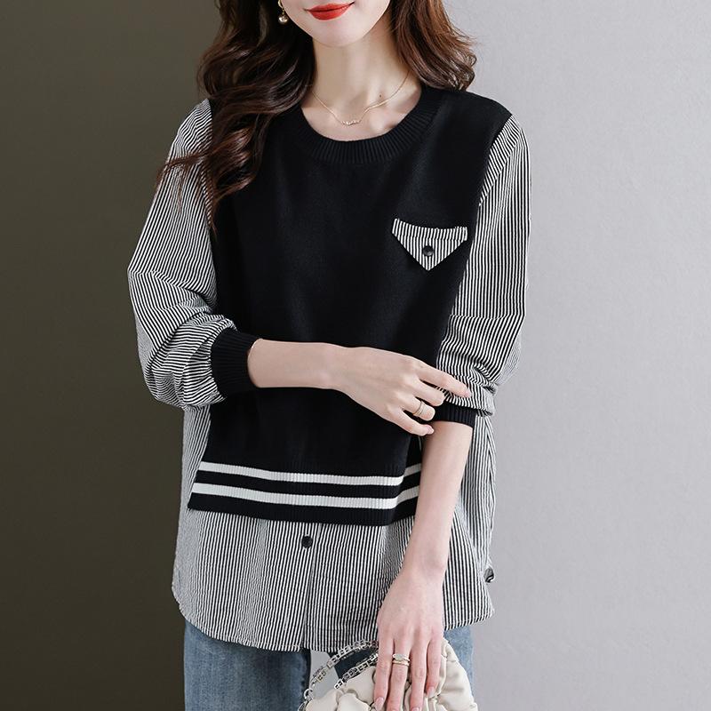 Весенний новый стиль слегка толстого Mm Design и поддельный двухсекционный полосатый свитер, который сделает вас стройнее, топ с круглым вырезом и длинными рукавами