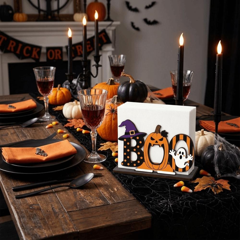 Wood Wooden Napkin Holder Ghost Pattern 2D Flat Tissue Holder Holiday Party