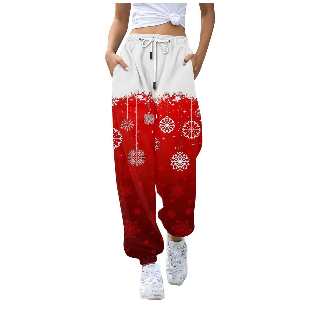 Женские повседневные брюки для отдыха с рождественским принтом, спортивные брюки, брюки с эластичной резинкой на талии, брюки с завязками на шнурке