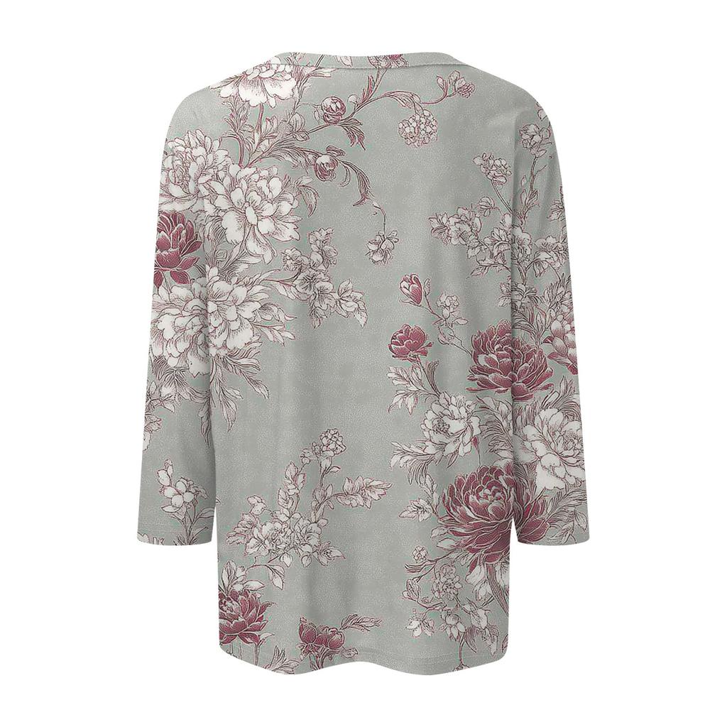 Женская мода повседневная 3/4 рукава цветочный принт пуловер круглый вырез топ повседневная одежда