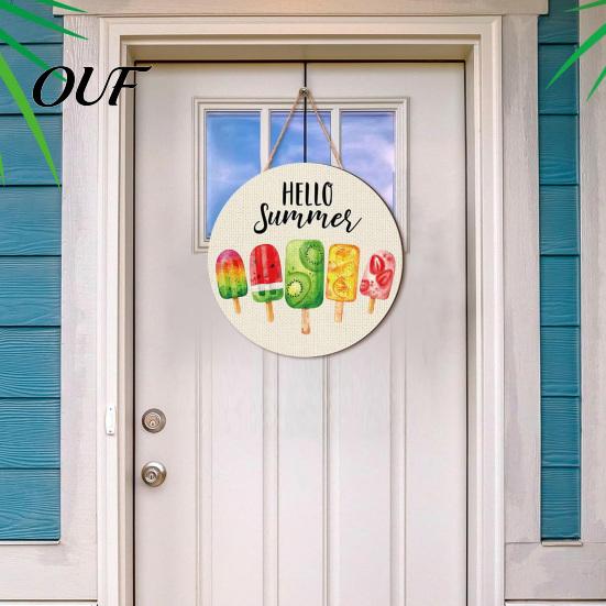 Summer Beach Welcome Sign Hello Door Sign, Ice Pop Flip Flop Hanger, Vacation Wall Art Farmhouse Hanging Wooden Wreath for Front Home Porch
