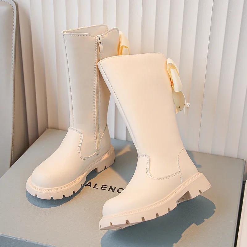 Kids High Boots Spring Autumn Elegant Children's Boots for Girls Fashion Versatile Princess Causal Bowknot Leather Boots Chic