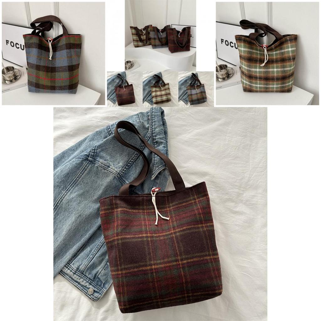Trendy Plaid Woolen Tote Bag With Large Capacity For Women 2024 New Street Fashion