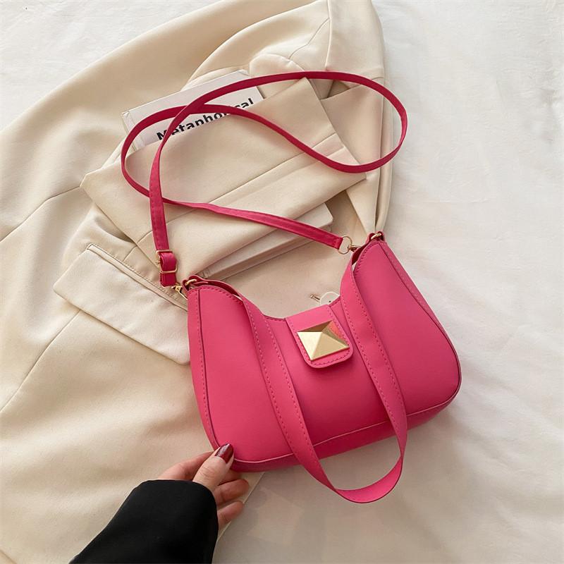 Color Simple Solid Gold Buckle Decoration Women Casual Shoulder Bag Daily For