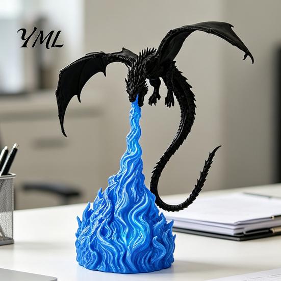 Stable Base Dragon Statue 3D Printed Fire-Breathing Statue, Mystical Figurine with Flame Unique Fantasy Home Decor Base, Desktop Ornament for