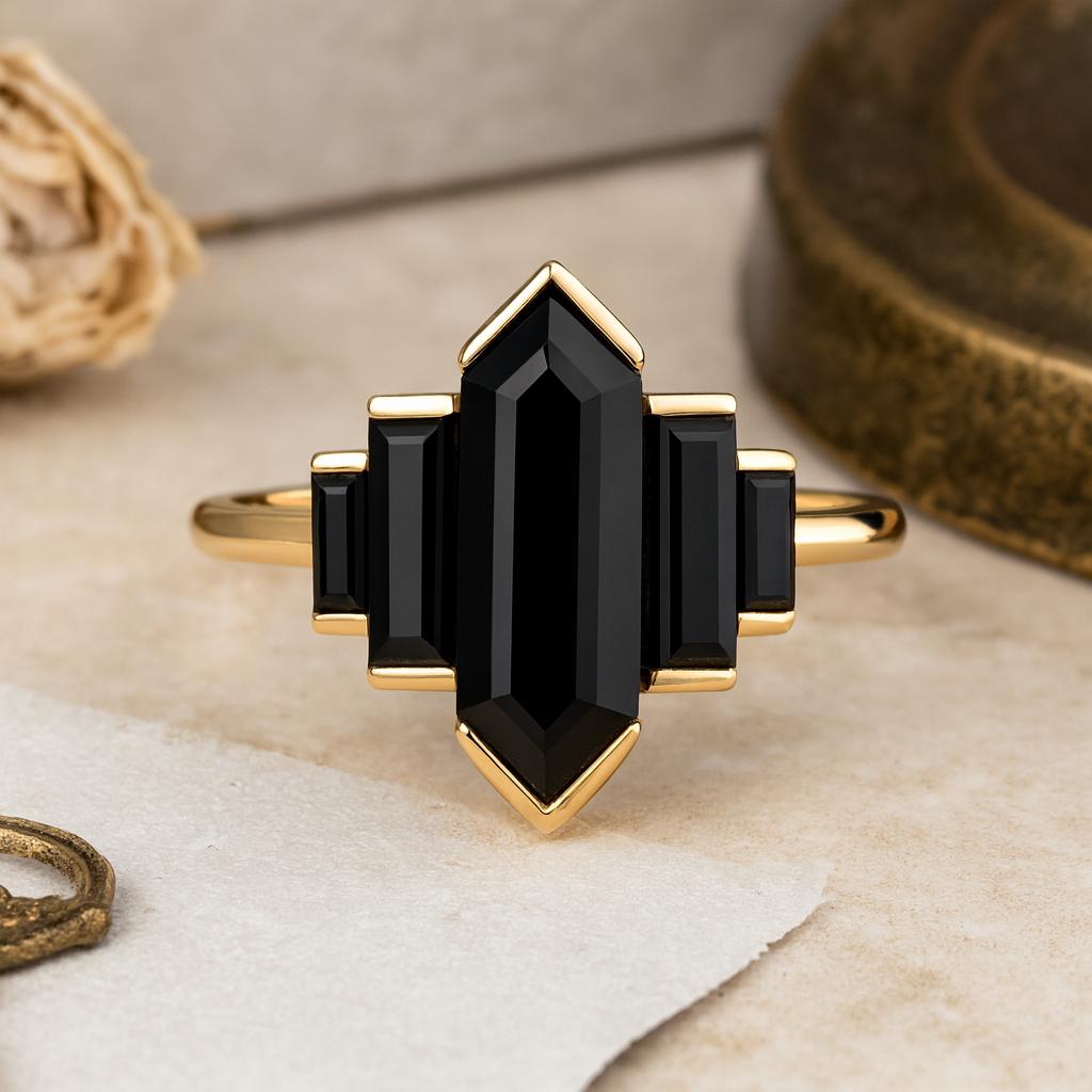 Wedding Engagement Anniversary Promise Gift – Black Onyx Geometric Ring, Yellow Gold Plated Art Deco Statement Gemstone Jewelry for Women