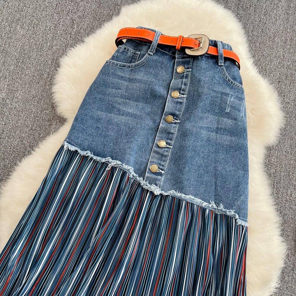 Design Sense Draped and Versatile Chiffon Pleated Stitched Denim Skirt In Spring, Thin and Irregular Medium Length A-line Skirt