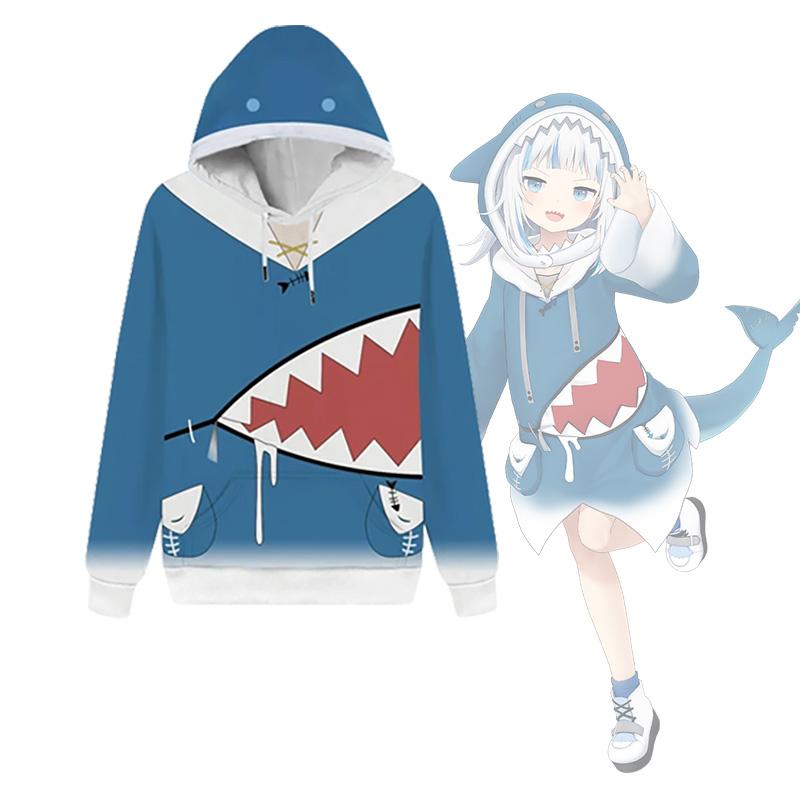 CosplayCos VTuber Gawr Gura Hoodie 3D Print Shark Mouth Pullover Sweatshirt Unisex Halloween Party Anime Costume Long Sleeve Top
