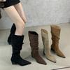 Pointed Pleated Long Tube Knight Boots Women's 2025 New Autumn and Winter French Tall Tube Women's Western Cowboy Boots