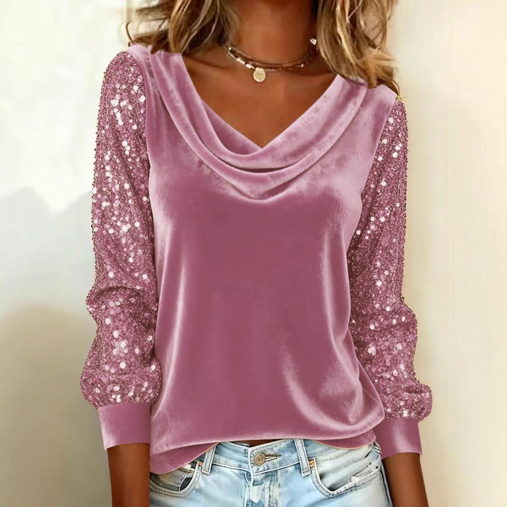 QICED Women's Fashion Casual Solid Color Print Autumn Winter Long Sleeve Loose Blouses & Shirts Casual Chic