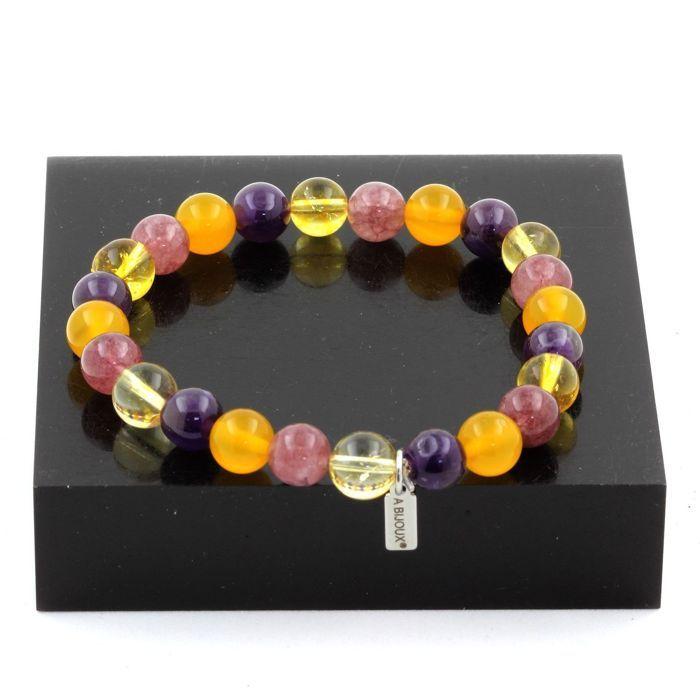 Pierres et Minéraux. Bracelet Perles Citrine + Améthyste + Lépidolite + Agate jaune 8 mm. Fabriqué en France.