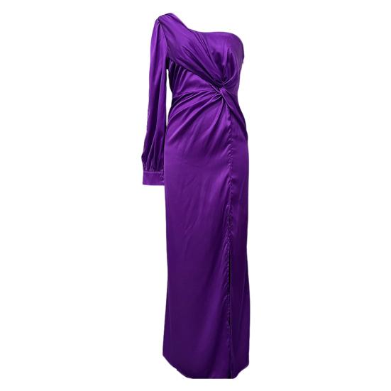 Lady Evening Dress One Shoulder Single Open Sleeve Split Hem Solid Color Slim Waist Pleated Knot Decor Solid Color Prom