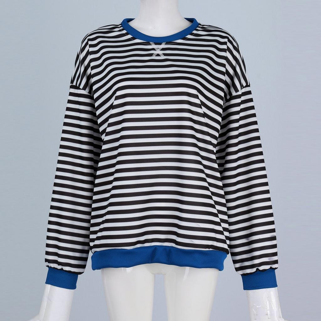 Женская спортивная рубашка в полоску большого размера с длинными рукавами и круглым вырезом, повседневная свободная рубашка-пуловер, топ