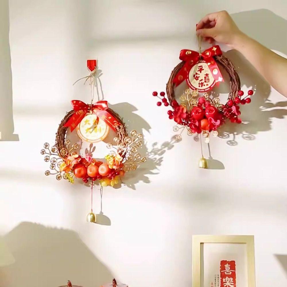 Traditional Chinese New Year Wreath Decorative Rattan Hanging Wreath Exquisite with Bell Artificial Floral Wreath Holiday Party