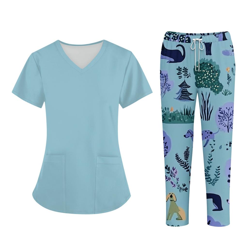 Плюс размерСкраб с принтом Рабочая форма Топы для женщин Крест V-образным вырезом Хэллоуин Принт с короткими рукавами Забавные футболки Спецодежда Футболка с карманами