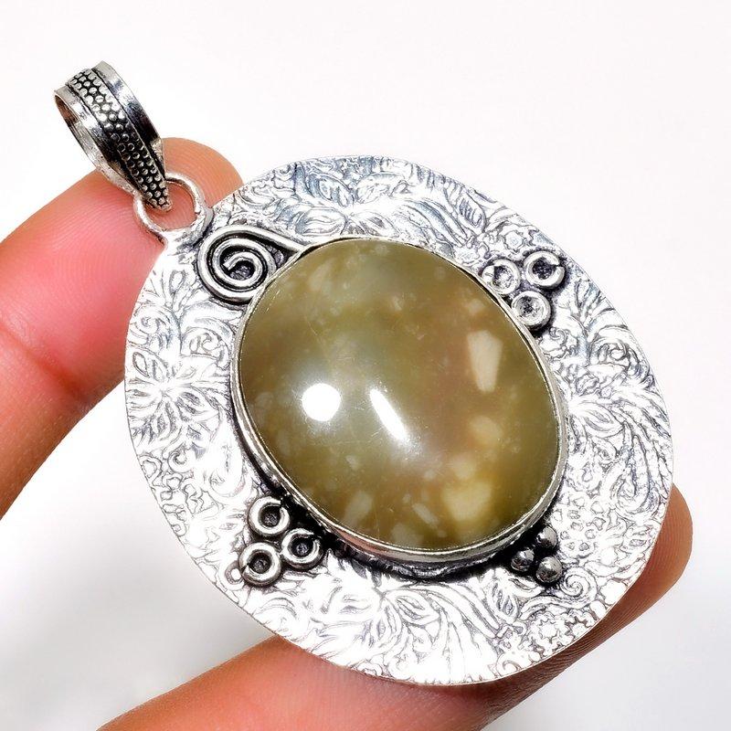 Picture Jasper Gemstone 925 Silver Plated Handmade Jewelry Pendant 2.46"