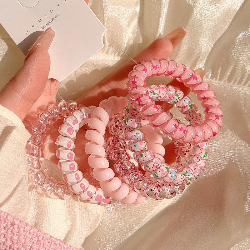 6Pcs/Set Women Fashion Telephone Wire Elastic Hair Band Colorful Printed Spiral Cord Rubber Band Hair Ties Hair Accessories Gift