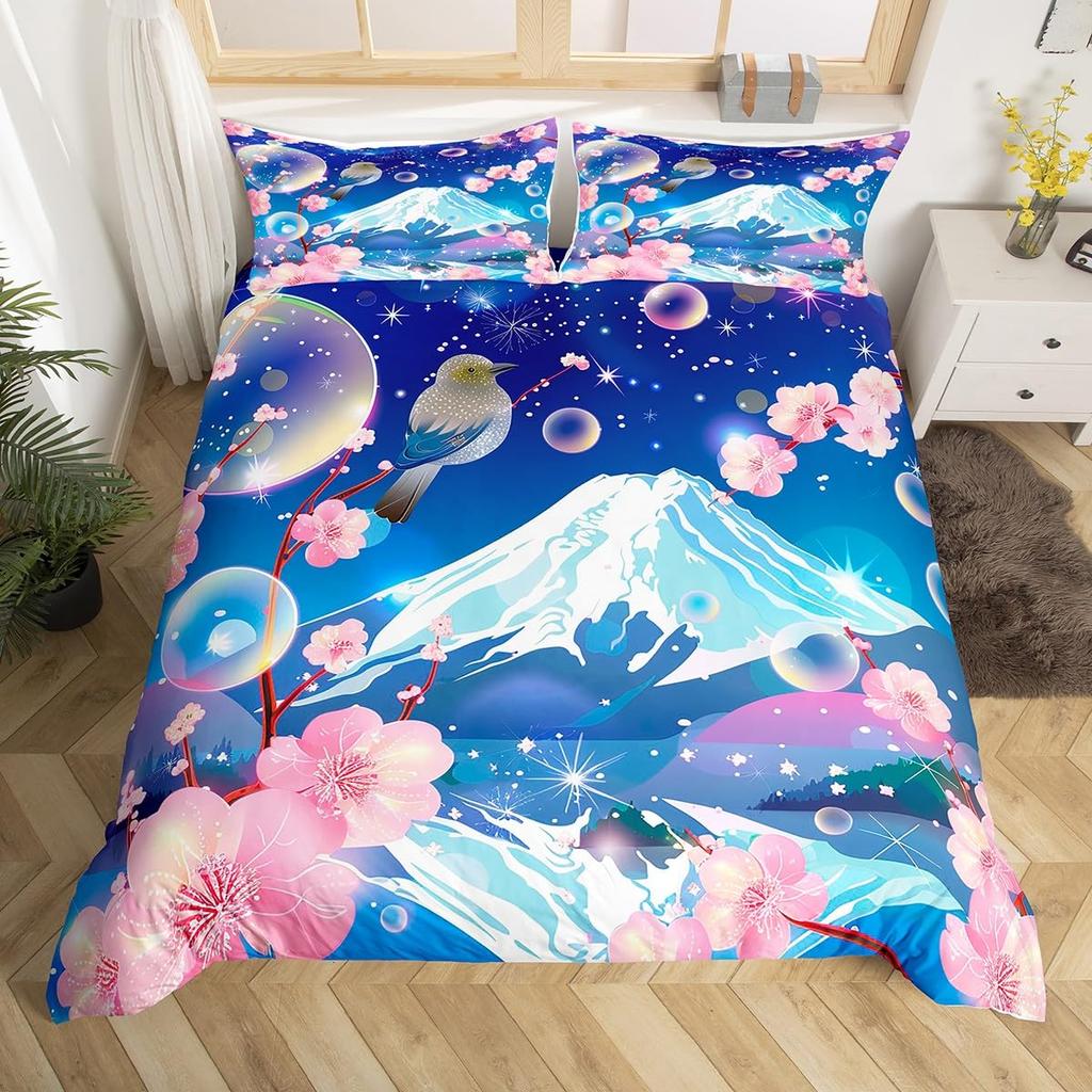 Mount Fuji Duvet Cover Twin Size Kids Cherry Blossoms Comforter Cover Set For Boys Girls Teens Natural Scenery Art Bedding Set