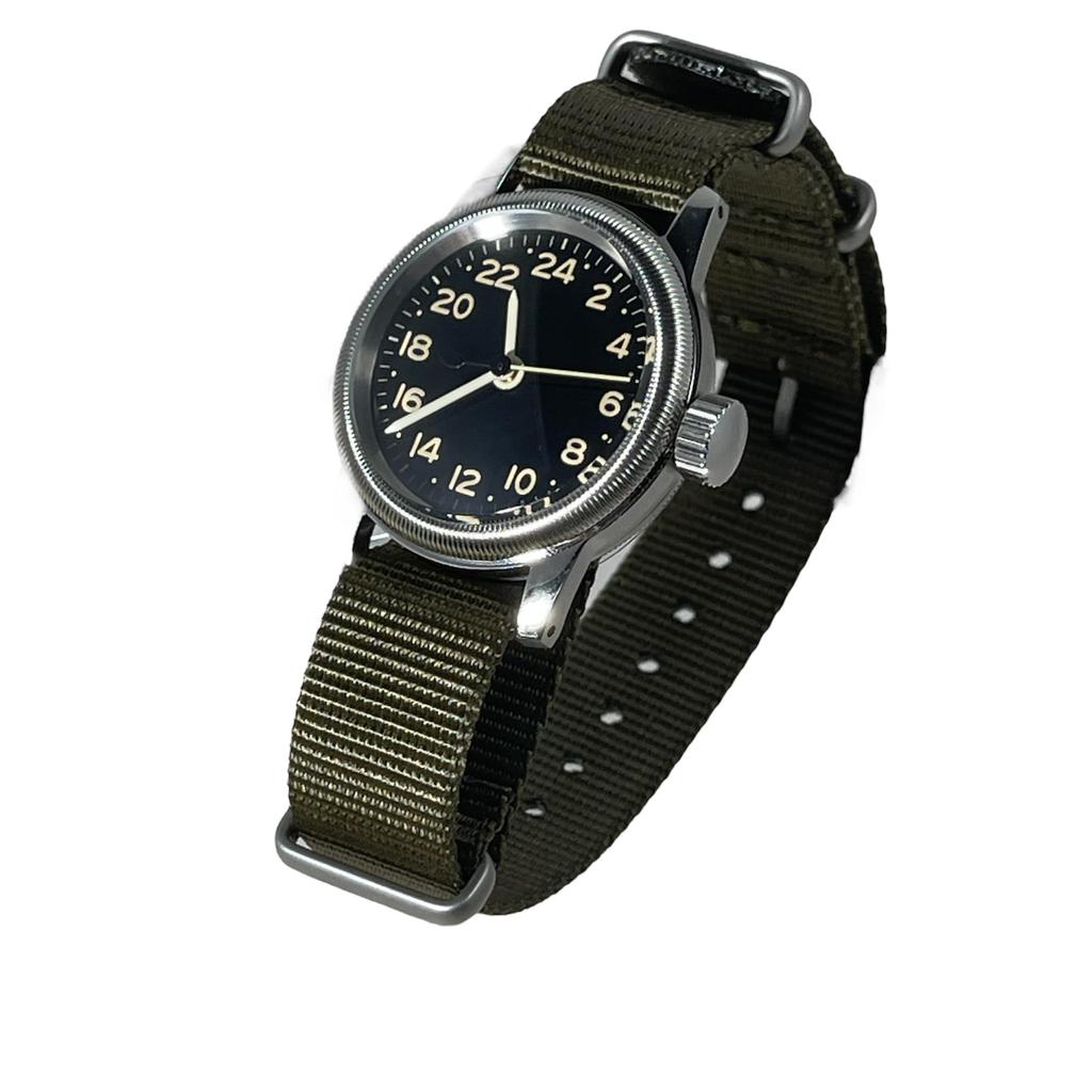 Military Watch TYPE 24H Black Dial Nylon Green NATO Strap [M.R.M.W.] A-11