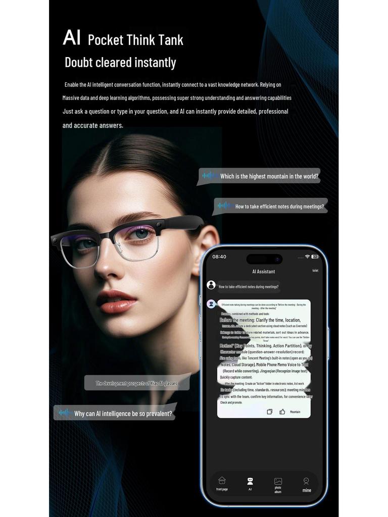 Умные очки-полуободки с искусственным интеллектом: Фильтр синего света, Камера, Перевод, Фото и видео, Музыка