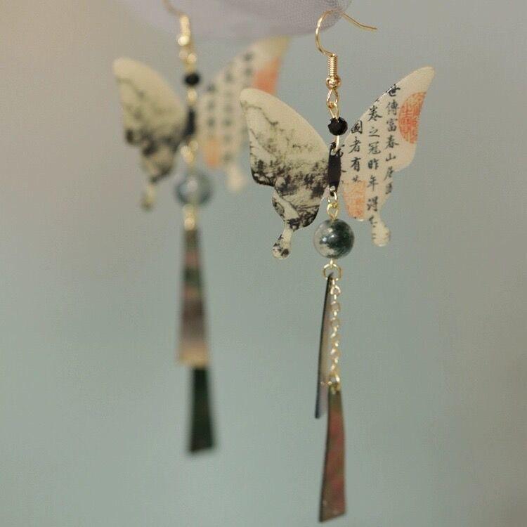 Chinese Fox Mask Folding Fan Asymmetrical Long Tassel Earrings For Women Girls Cherry Blossom Ear Hook Christmas Jewelry