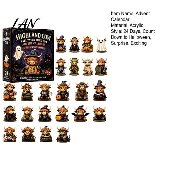 Halloween Ornament Gift Box Highland Cow Advent Calendar, 24 Days Countdown Calendar with Collectible Figures Acrylic Ornaments, Gifts for Kids,