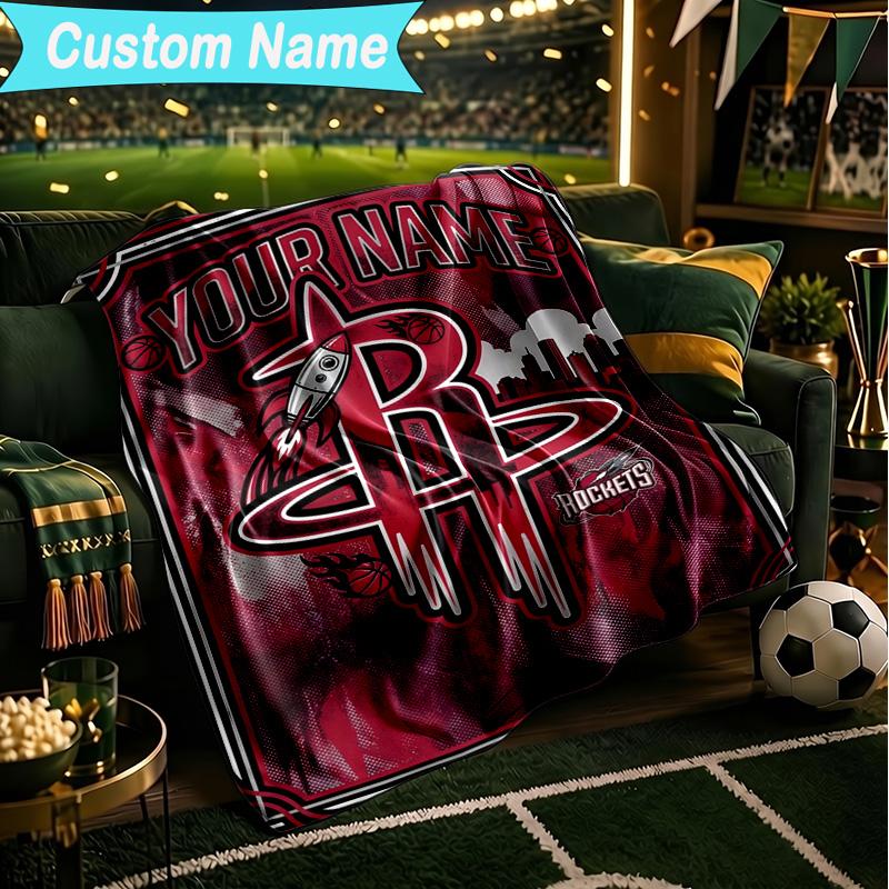 1PC Custom Name Blanket basketball Pride Rockets Flannel blankets Patterns Throw Blanket All-Season Soft Gift for Couch, Bed, Camping, Birthday gifts