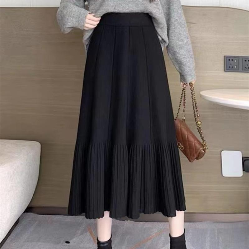 High Waisted Knitted Midi Skirt for Women Autumn and Winter New Korean Version Casual A-line Skirt