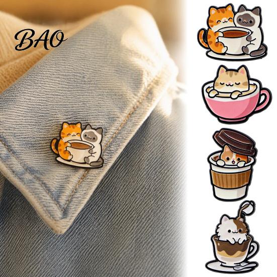 Bag Decor Pin Cartoon Coffee Cup Cat Brooch, Kitten Enamle Lapel Pin, Animal Daily Outfit Brooch Theme Alloy Badge, Clothing Accessories for Lovers