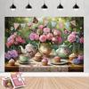 2D Vintage Tea Party Backdrop Pink Roses Teapot Cupcake Garden Background