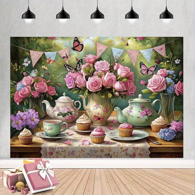 2D Vintage Tea Party Backdrop Pink Roses Teapot Cupcake Garden Background