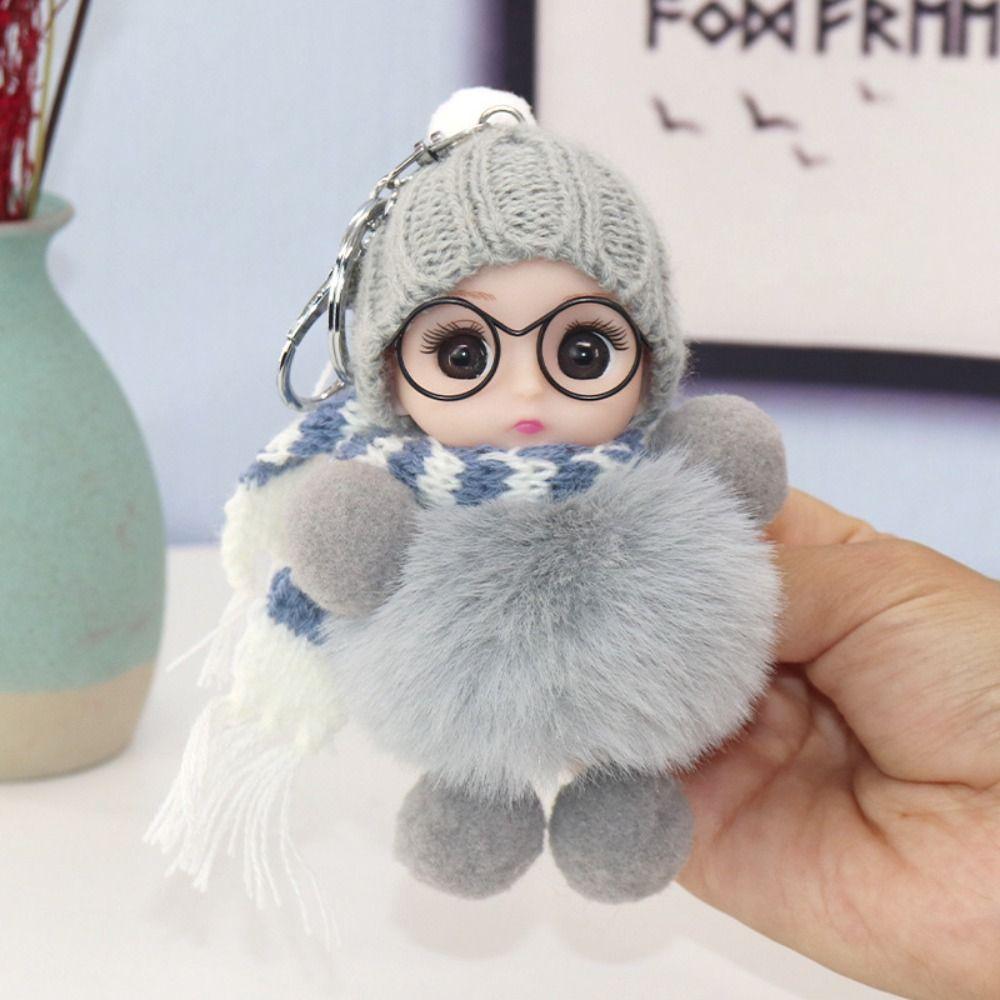 Baby Doll Pompom Keychain Eye Glass Doll Fluffy Doll Keychain Fur Ball Keyring  Jewelry Gift