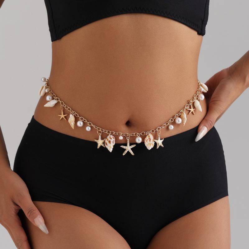 Bohemian Summer Beach Shell Waist Chain for Women Seaside Imitation Pearl Starfish Conch Pendant Body Chain Fashion Jewelry Gift