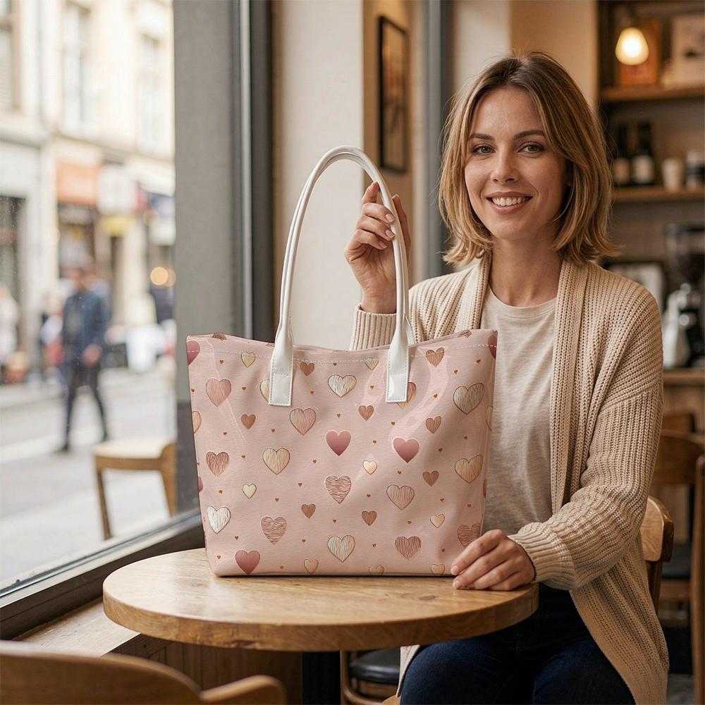 Cute Heart Print Tote Bag Fashion Large Capacity Casual Daily Commuter Shoulder Bag for Women