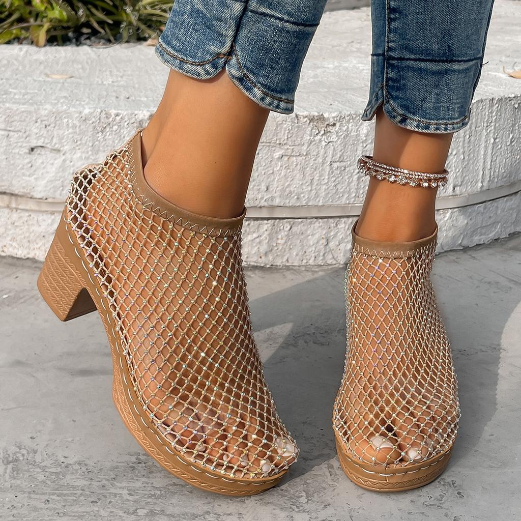 New Hollowed Out Diamond Studded Fashionable High-heeled Sandals for Women, Sexy and Comfortable Fishing Net Single Shoes, Suitable for The Beach