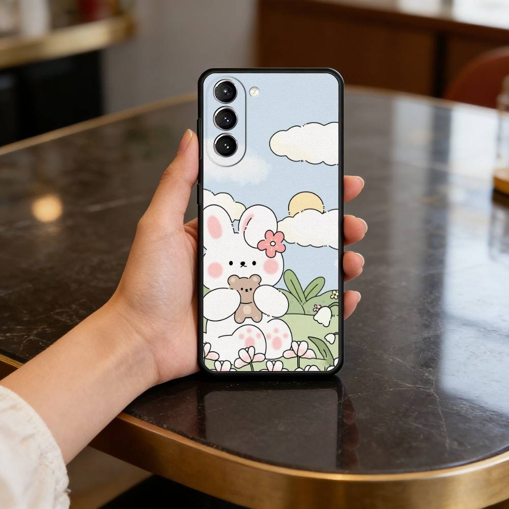 Милый R-Кролик Чехол для Телефона Samsung S25,24,23,22,30,21,10,9,Ultra,Plus,Lite,FE,4,5 G Мягкий Черный Чехол