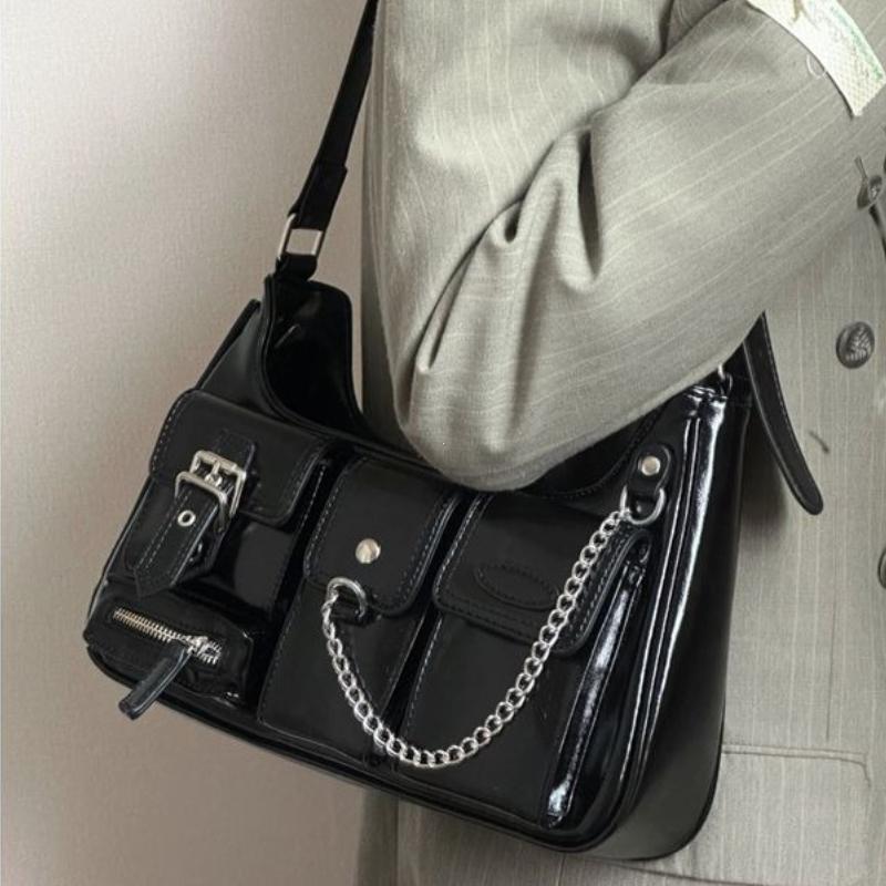 Womens Shoulder Bag Harajuku Fashion Gothic Casual Black Chains Handbag Girls Pu Leather Ladies Motorcycle Bag Sac
