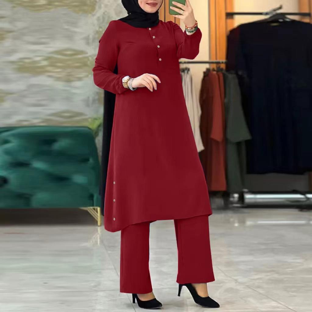 Danmo Women Muslim Two Pieces Set Blouse & Wide Leg Pant Musulman Ensemble Belt Single Button Shirt Ramadan Modest Clothing